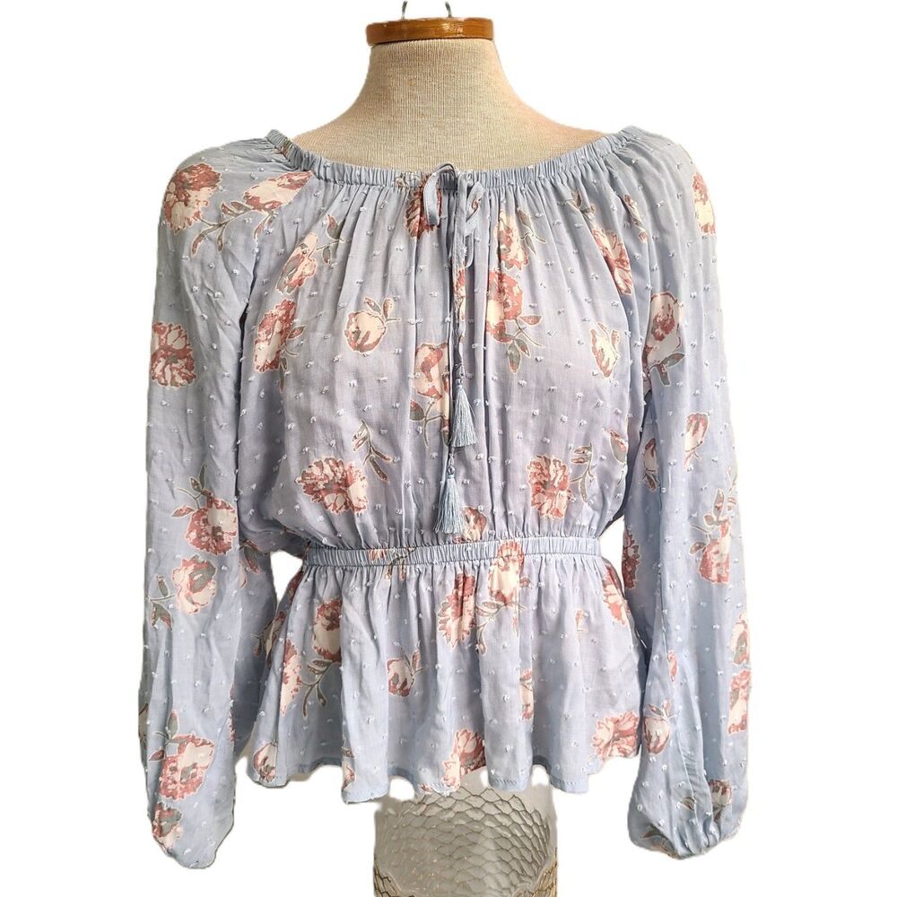 Promesa Peasant Cottagecore Floral SMALL Light Blue Rayon Elastic Waist Top S